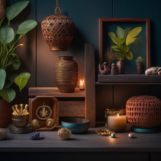 A stylized, dimly lit shelf displaying a curated selection of unique, handmade Etsy items, including a bespoke jewelry box, a macrame plant hanger, and a customized, hand-painted vase.