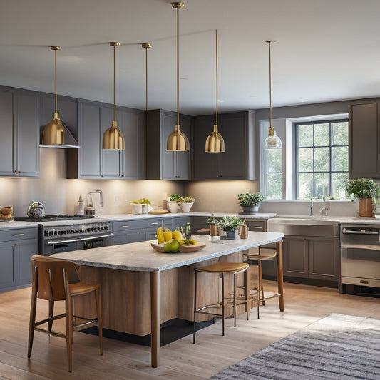 A warm, open-plan kitchen with a large, curved island, pendant lights, and a mix of high-gloss and matte finishes, surrounded by a blend of sleek, modern, and traditional furniture styles.