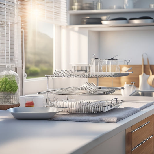 A sleek, modern multi-tier dish drying rack overflowing with clean dishes, pots, and utensils, set against a bright kitchen countertop, with sunlight streaming in, highlighting the organized layers and stainless steel accents.