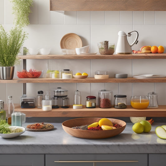 A sleek kitchen countertop featuring stylish, multi-tiered organizers holding spices, utensils, and cooking oils, alongside a compact, modern fruit bowl and a hidden pull-out cutting board, all in a bright, airy space.