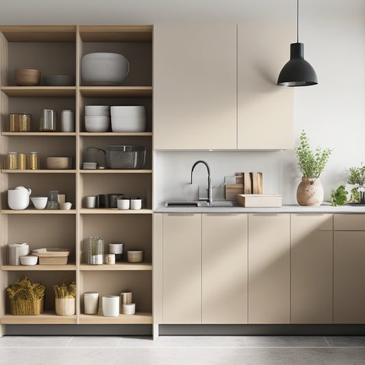 A sleek, modern kitchen featuring an over-the-door storage system with neatly arranged pots, spices, and utensils. Minimalist decor, soft natural light, and a clean color palette emphasize functionality and simplicity.