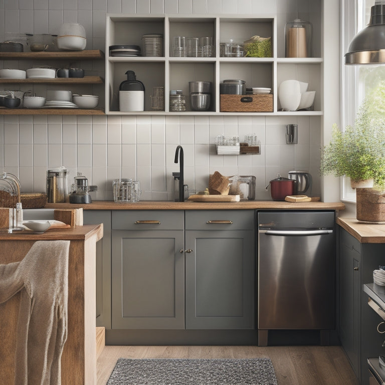 A tidy kitchen with a few open cabinets showcasing organized cookware, utensils, and spices, alongside a small trash can with a recycling bin, and a countertop with a single, sleek coffee maker.