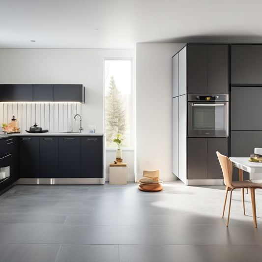 A sleek, modern studio kitchen with a minimalist aesthetic, featuring a wall-mounted fold-down table, a compact refrigerator, and a vertical storage unit with sliding drawers and baskets.