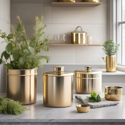 A stylish kitchen counter with three cylindrical canisters in graduated sizes, adorned with elegant gold lids and minimalist handles, surrounded by fresh greenery and a few artfully placed kitchen utensils.
