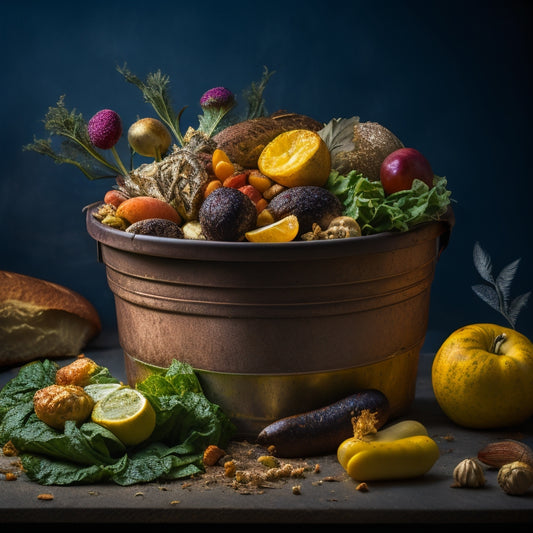 A haunting still life of a overflowing trash can, with wilted lettuce, moldy bread, and rotten fruits spilling out, surrounded by flies and maggots, set against a dark and gloomy background.