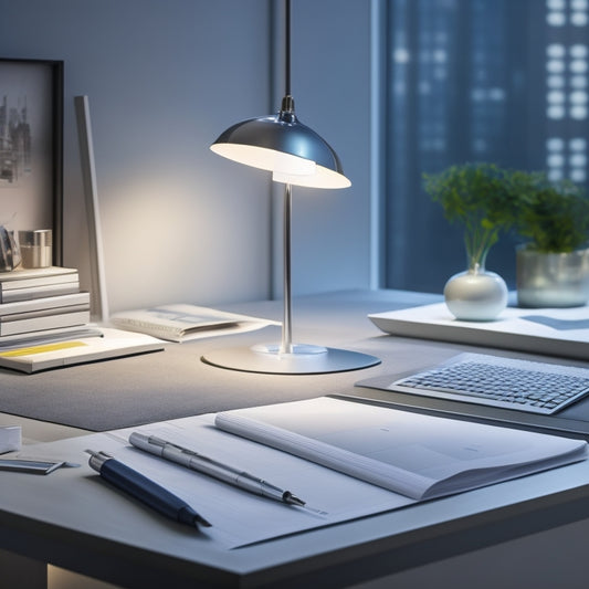 A futuristic, minimalist desk with a sleek, silver lamp, a rolled-up blueprint, and a BP Basics Planner lying open, surrounded by scattered papers and a few colorful pens, with a subtle cityscape background.