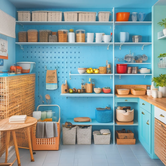 A bright, organized kitchen with open shelves, a pegboard on the wall, and a cart with baskets, showcasing various storage containers, baskets, and hooks in a warm, minimalist aesthetic.