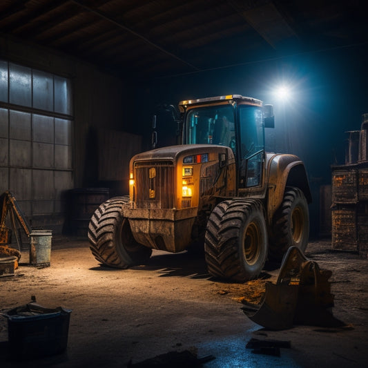 A worn, rusty Bobcat 863 loader sits on a dimly lit, oil-stained garage floor, surrounded by scattered tools and torn repair manuals, with a single, bright work light shining down on its faulty hydraulic system.