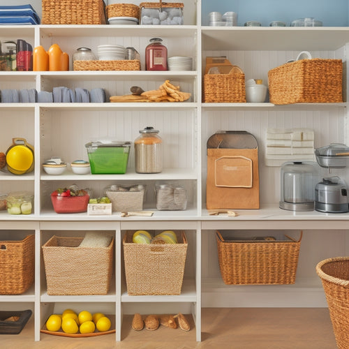 A bright, organized kitchen pantry with adjustable shelves, baskets, and bins in neutral colors, showcasing a variety of neatly arranged food items, cookbooks, and utensils.