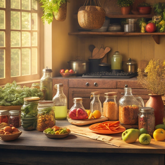 A warm, inviting kitchen scene featuring a wooden table cluttered with vintage canning jars, fresh fruits and vegetables, and a steaming pot, surrounded by lush greenery and soft, golden lighting.