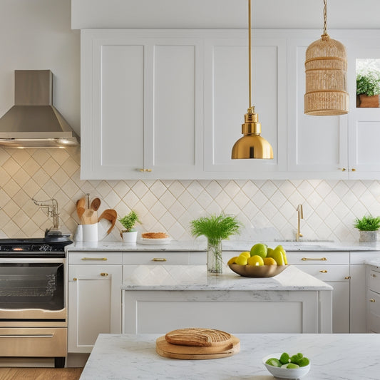 A bright, modern small kitchen with sleek white cabinets, a compact island, and a stunning geometric-patterned backsplash, illuminated by a stylish pendant light above a sink.