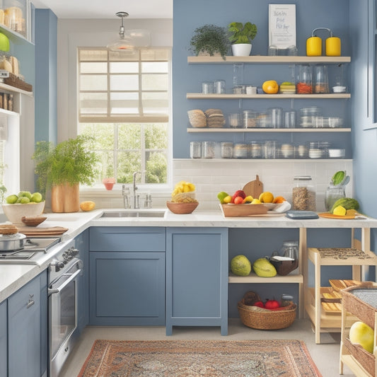 A bright, modern kitchen featuring labeled storage containers, a wall-mounted spice rack, hanging pots, a chalkboard meal planner, and a clutter-free countertop with neatly arranged utensils, fruits, and a family-friendly cooking area.