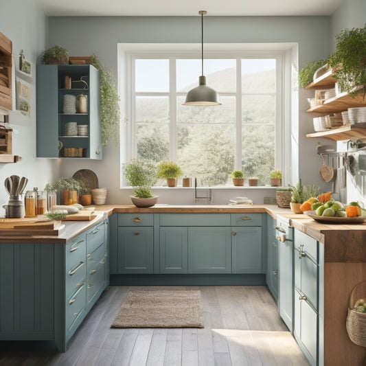 A bright, modern kitchen showcasing a stylish island with neatly arranged organizers, featuring wooden and metal storage solutions, colorful utensils, and fresh herbs, illuminated by natural light streaming through large windows.