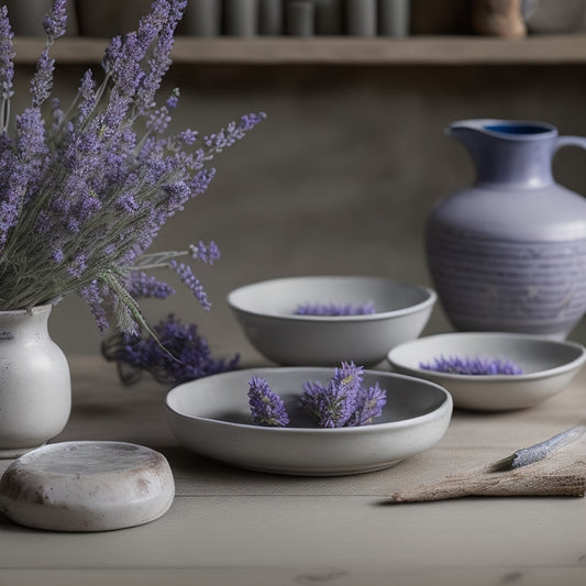 A serene still life of a hand-painted lavender ceramic set on a rustic wooden table, surrounded by fresh lavender buds and a few sprigs of greenery, against a soft, creamy background.