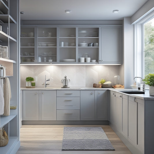 A bright, modern kitchen with sleek, handleless cabinets in a soothing gray tone, featuring a mix of open shelves, pull-out drawers, and cleverly concealed storage compartments.