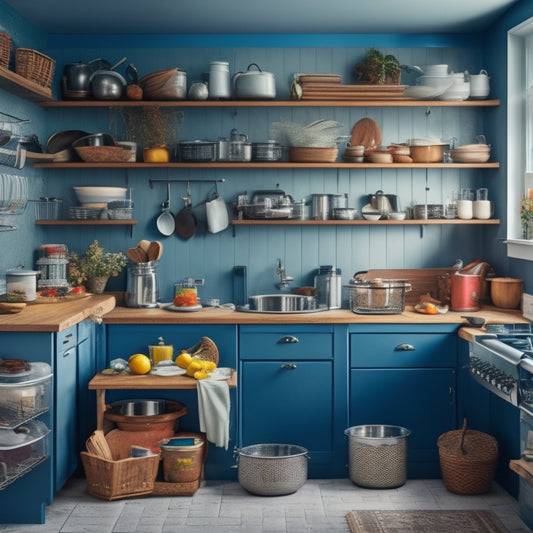 A cluttered kitchen with countertops overflowing with utensils, pots, and pans, surrounded by messy cabinets, alongside a stark contrast of a tidy kitchen with a sleek, three-tiered DIY cart storage solution in the corner.