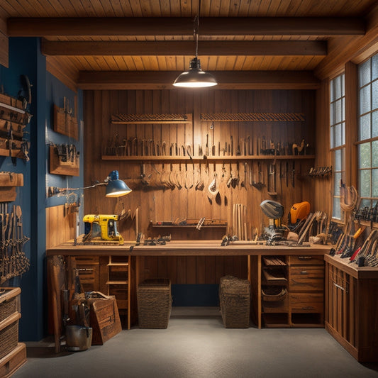 A well-lit, modern woodworking shop with a wall-mounted, swinging tool storage system featuring wooden dowels, metal hooks, and a sleek, sliding rail system, surrounded by neatly organized hand tools and power tools.
