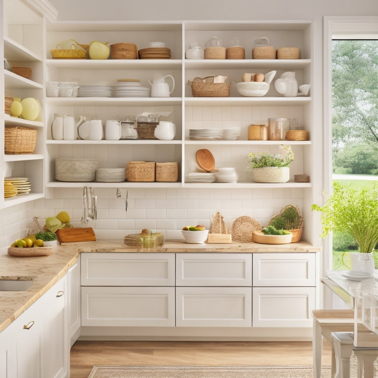 A bright, modern kitchen with creamy white cabinets, featuring a mix of open shelving, pull-out baskets, and adjustable shelves, with decorative ceramic vases, cookbooks, and utensils artfully arranged.