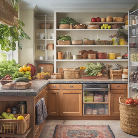 A cluttered kitchen with opened cabinets, scattered cookbooks, and a jumbled array of paleo-friendly foods like fresh produce, nuts, and protein sources, contrasting with a tidy, organized pantry in the background.