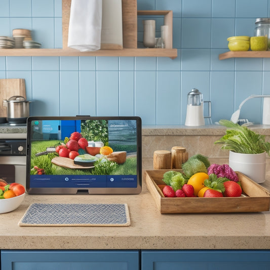 A modern kitchen countertop with a tablet displaying a digital inventory management app, surrounded by a few open kitchen drawers, a utensil organizer, and a small, wire-mesh basket containing fresh produce.