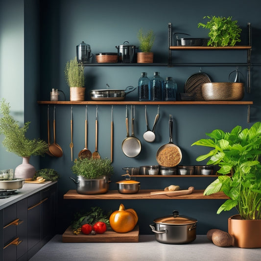 A sleek, modern kitchen featuring stylish metal wall-mounted racks filled with neatly organized pots, pans, and cooking utensils, adorned with fresh herbs in pots and vibrant spices, all against a warm, inviting backdrop.