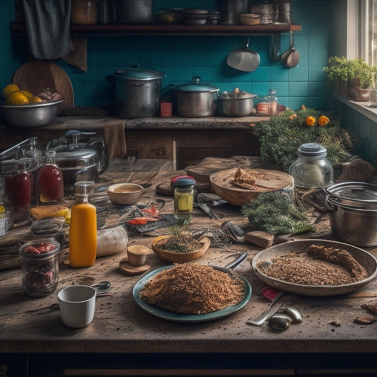 A messy kitchen scene with a cluttered countertop, scattered utensils, and a few sharp objects like knives and scissors lying precariously close to the edge, amidst a trail of spilled ingredients and broken dishes.