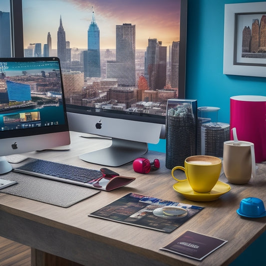 A stylized, modern desk with a sleek laptop, surrounded by vibrant color swatches, rolled prints, and custom-branded coffee cups, with a subtle cityscape background and warm, creative lighting.