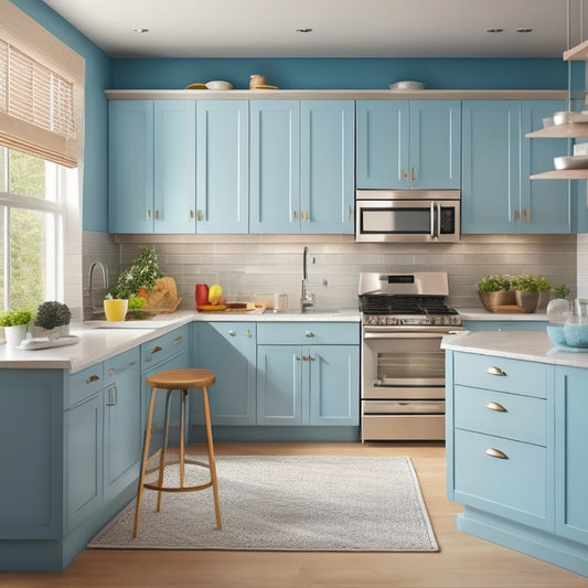 A bright, modern small kitchen with light wood cabinets, stainless steel appliances, and a pale blue backsplash, featuring a wall-mounted fold-down table, pull-out spice racks, and a compact island with built-in drawers.