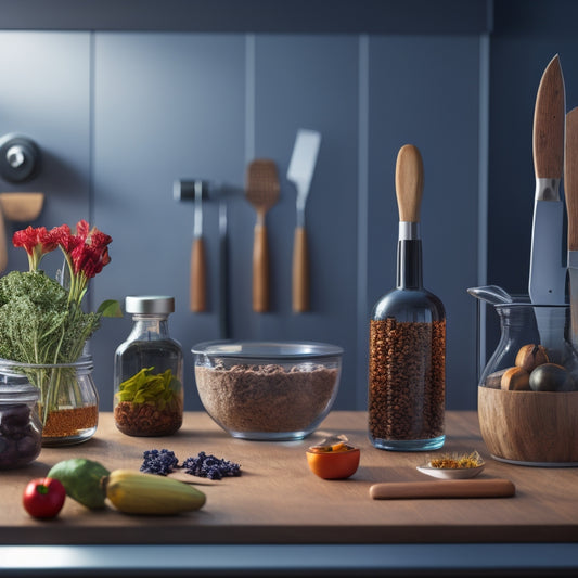 A sleek, modern kitchen featuring a polished wood countertop, a magnetic knife holder displaying an array of vibrant, gleaming knives, and neatly arranged spices in glass jars, all bathed in warm, ambient lighting.