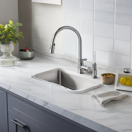 A tidy kitchen sink area with a sleek, wall-mounted faucet, a soap dispenser, and a small, rectangular trash can with a pedal, set against a clean, white, marble-look countertop and a soft, gray background.