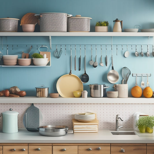 A tidy kitchen with a pegboard holding pots and pans, a utensil organizer on the counter, and a cabinet with dividers storing plates and bowls, all in a calming, neutral color scheme.