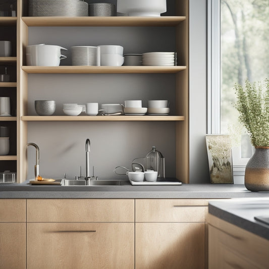 A sleek, minimalist kitchen cabinet with a stylish, stainless steel dish drainer integrated inside, featuring elegant dishes and utensils drying in natural light, surrounded by warm wood accents and modern decor elements.