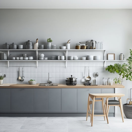 A tidy, minimalist kitchen with a compact island, a wall-mounted pot rack, a few strategically placed shelves, and a few, carefully curated cooking utensils and appliances in a soothing, monochromatic color scheme.