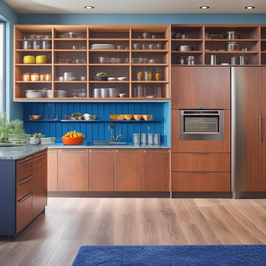 A sleek modular kitchen showcasing elegant roll-out trays filled with colorful spices and condiments, surrounded by warm wood cabinetry, modern stainless steel appliances, and soft ambient lighting highlighting the functional yet stylish design.