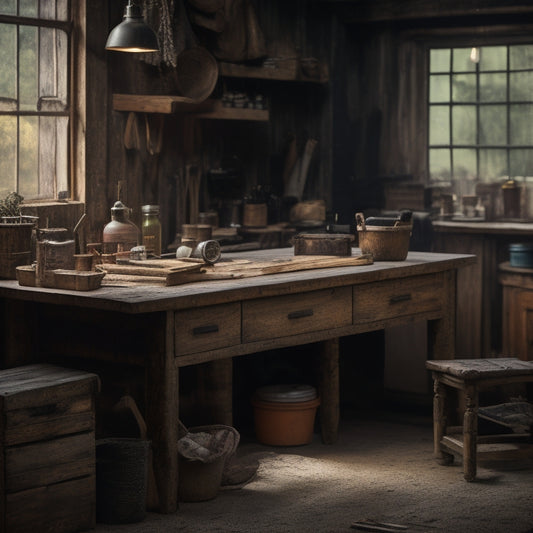 A rustic wooden work table with distressed finishes, metal legs, and a lower shelf, placed in a dimly lit workshop with scattered tools and wooden planks in the background.