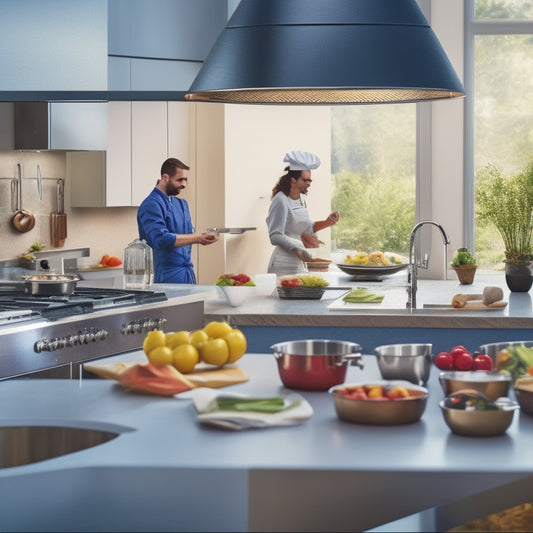 A modern kitchen with sleek countertops, a central island, and a stainless steel range, featuring a chef efficiently preparing a meal, surrounded by organized utensils and ingredients.