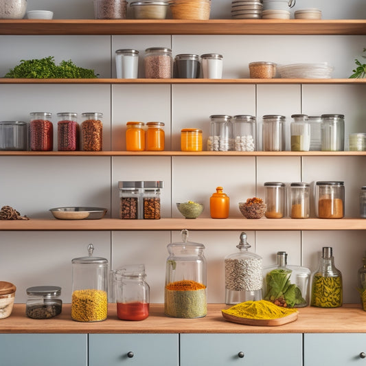 A stylish, minimalist kitchen corner featuring a sleek, wall-mounted spice rack filled with colorful spice jars, herbs in small glass containers, and a compact, organized countertop with cooking utensils and vibrant fresh ingredients.