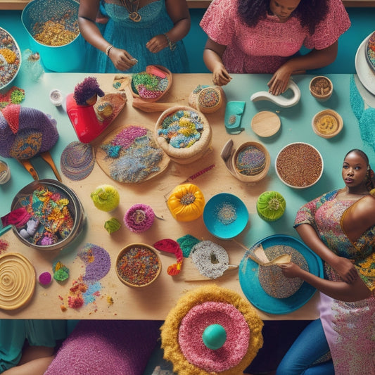 A colorful illustration featuring a gathering of diverse women, each surrounded by craft supplies, kitchen utensils, and laptops, amidst a background of swirling patterns and kitchen-inspired shapes.