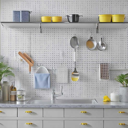 A bright, modern kitchen with a utensil-filled pegboard, a pull-out trash can, a spice carousel, and a wall-mounted pot rack, surrounded by sleek countertops and minimalist cabinets.