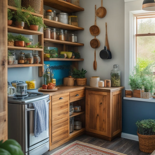 A cozy tiny home kitchen featuring a sleek, modern freestanding pantry unit filled with colorful jars and canned goods, surrounded by warm wood accents, vibrant plants, and efficient storage solutions, all bathed in soft natural light.