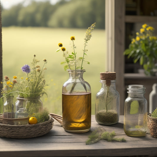 A rustic wooden table adorned with a vase filled with wildflowers, surrounded by three mason jars of varying sizes, each containing a different greenery, set against a warm, sunny background.