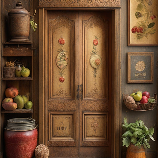 A distressed wooden pantry door adorned with ornate, vintage-style labels in muted colors, featuring illustrations of various fruits, vegetables, and grains, surrounded by lace, florals, and subtle, aged textures.