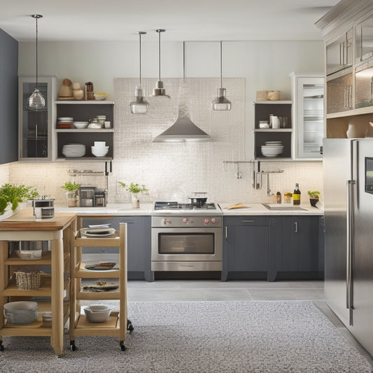 A modern kitchen with sleek, stainless steel appliances, a central cooking station, and a circular workflow design, surrounded by utensil-laden pegboards and a floor-to-ceiling storage wall.