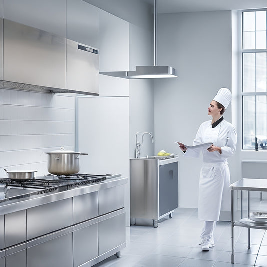 A bright, modern commercial kitchen with stainless steel appliances and utensils, featuring a chef in a white hat and coat, confidently holding a clipboard and standing in front of a clean, empty counter.