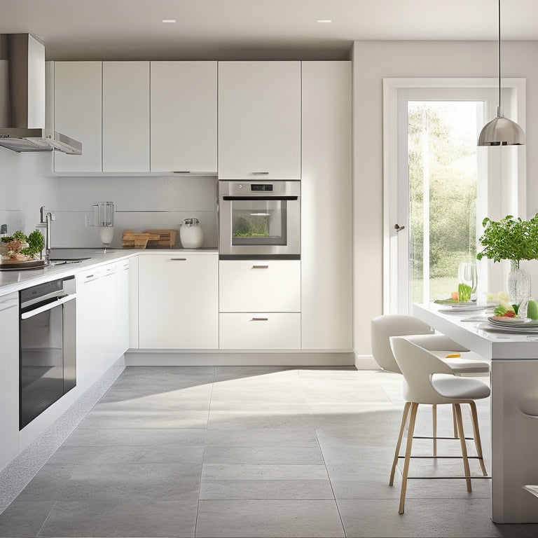 A tidy, L-shaped kitchen with sleek, white cabinets, a stainless steel island, and a few, carefully-placed, modern appliances, surrounded by ample negative space and soft, natural light.