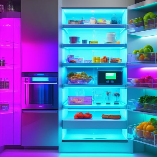 A colorful, futuristic kitchen with a large, transparent tablet displaying a virtual pantry, surrounded by interactive, 3D food models and shelves, with a subtle glow and sleek lines.