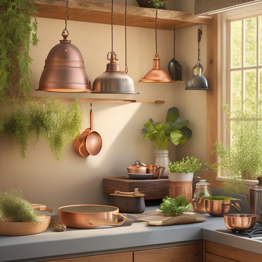 A rustic kitchen scene featuring a stylish, adjustable-height pot rack suspended from a wooden beam, adorned with gleaming copper pots, hanging herbs, and a backdrop of warm, inviting cabinetry and soft, natural light.