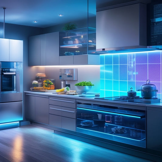 A futuristic kitchen with sleek, minimalist appliances, surrounded by transparent, holographic screens displaying culinary data, orbiting a central, glowing "idea bulb" emitting bright, swirling patterns.