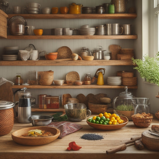 A tidy, compact kitchen with a few cookbooks stacked vertically on a wooden shelf, surrounded by utensils and spices, with a small, circular kitchen table in the background.
