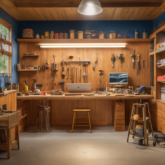 A bright, modern workshop with a large wooden workbench in the center, surrounded by various DIY tools and materials, with a laptop open to a customizable cabinet design software on the wall-mounted screen.